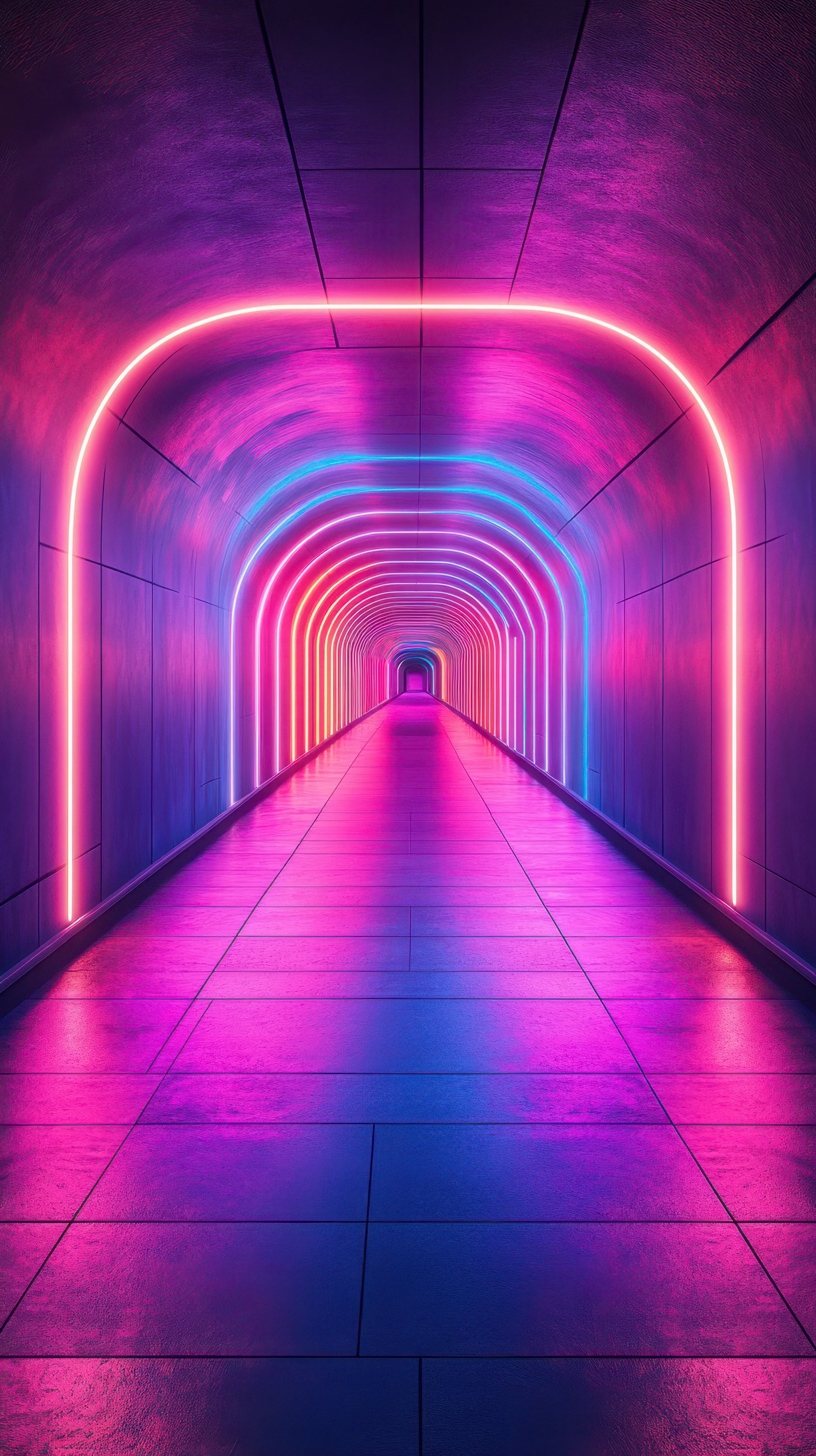Vibrant neon-lit tunnel showcasing vivid colors and modern design at night